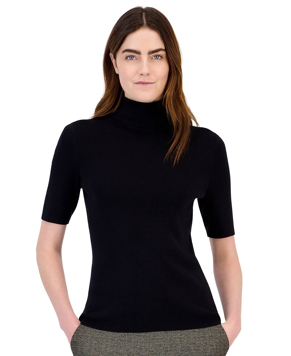Anne Klein Petite Half-Sleeve Ribbed-Knit Fitted Turtleneck Sweater