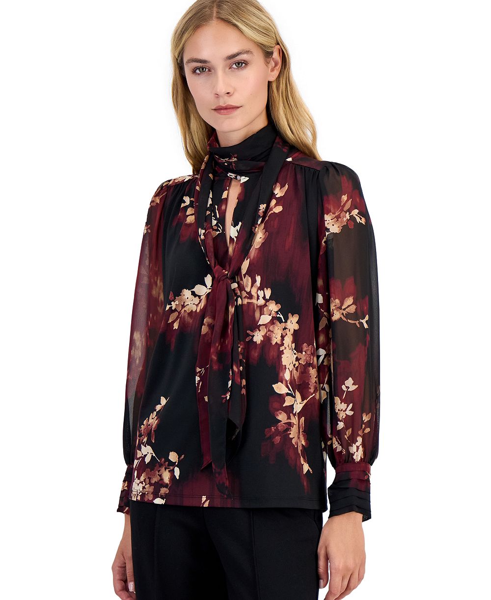 Anne Klein Petite Блузка с длинным рукавом и V-образным вырезом из смешанных материалов