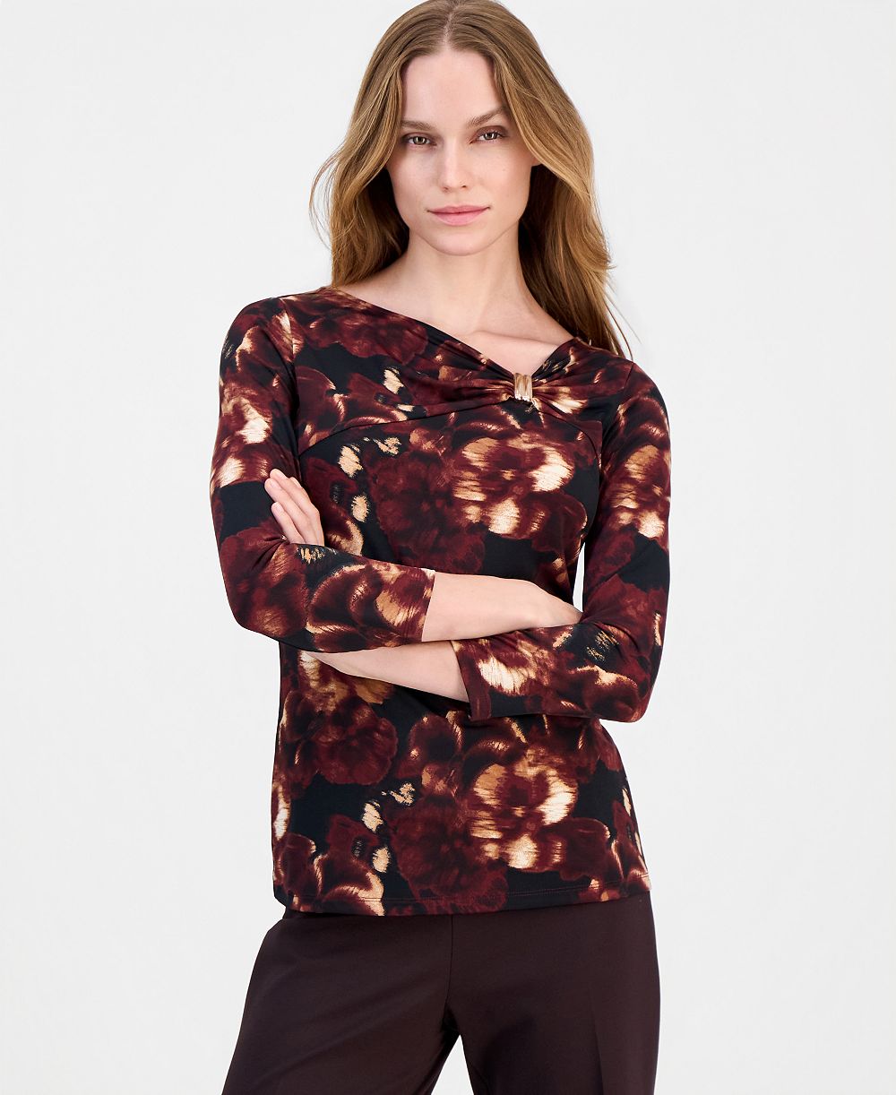 Женская блузка Anne Klein Petite 3/4-Sleeve Asymmetric-Twist-Front Floral