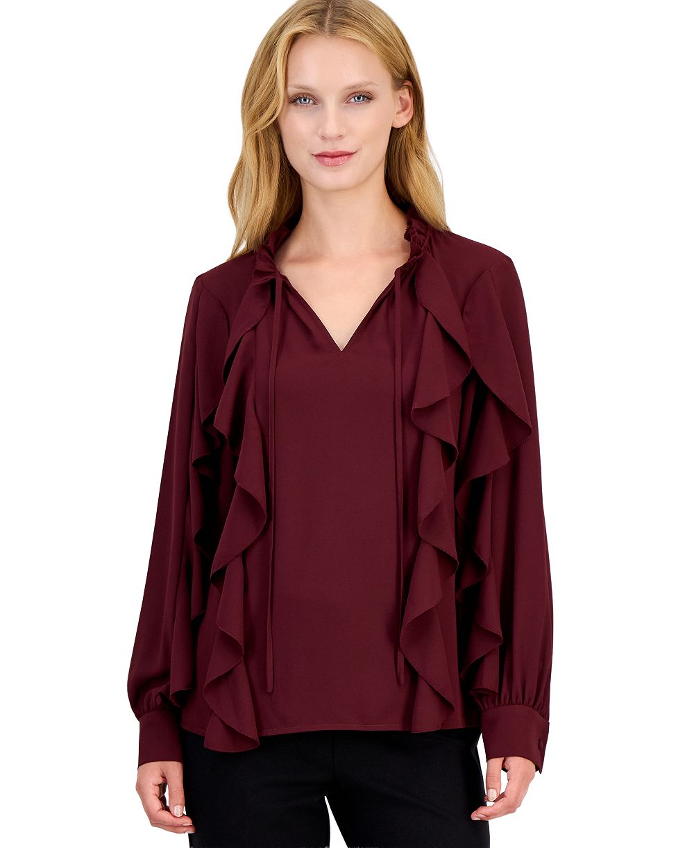 Anne Klein Petite Long-Sleeve Keyhole-Neck Ruffle Blouse