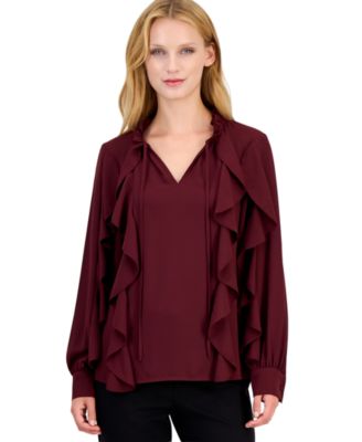 Anne Klein Petite Long-Sleeve Keyhole-Neck Ruffle Blouse