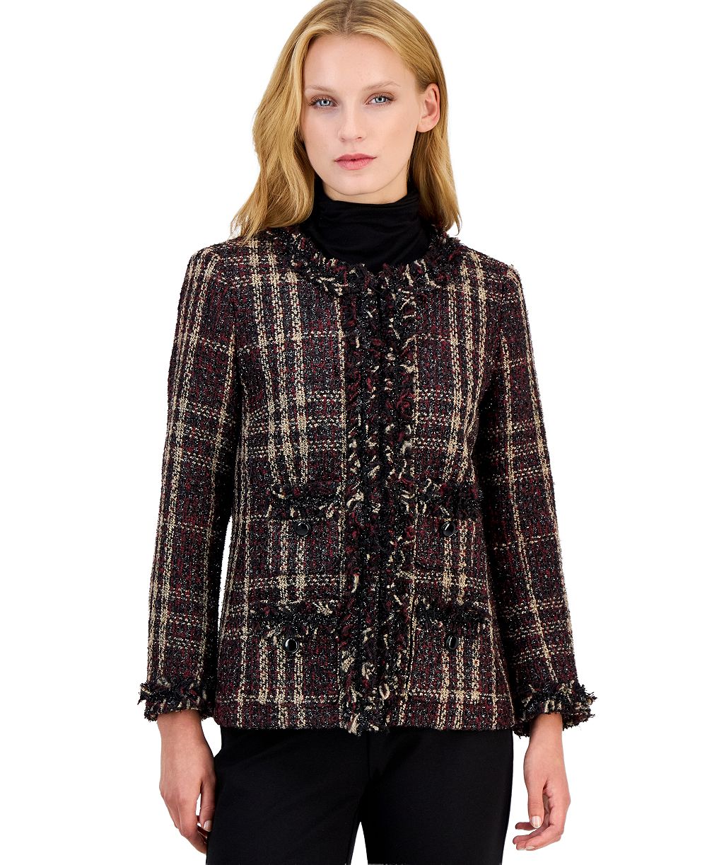 Anne Klein Petite Fringe-Trim Plaid Shawl-Collar Jacket