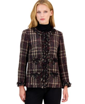 Anne Klein Petite Fringe-Trim Plaid Shawl-Collar Jacket