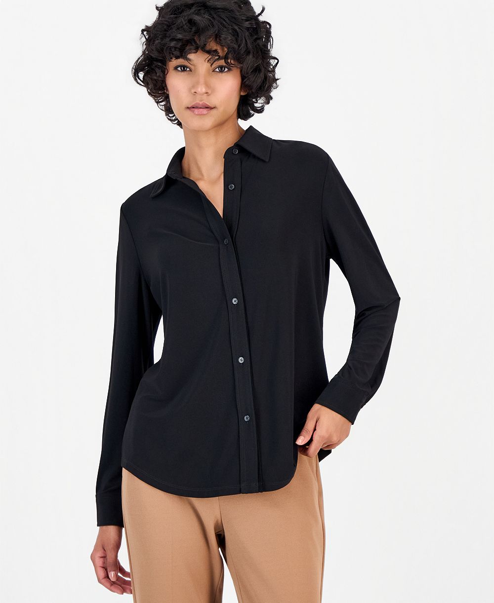 Anne Klein Essentials женская вязаная рубашка на пуговицах с воротником и длинным рукавом, размер Petite