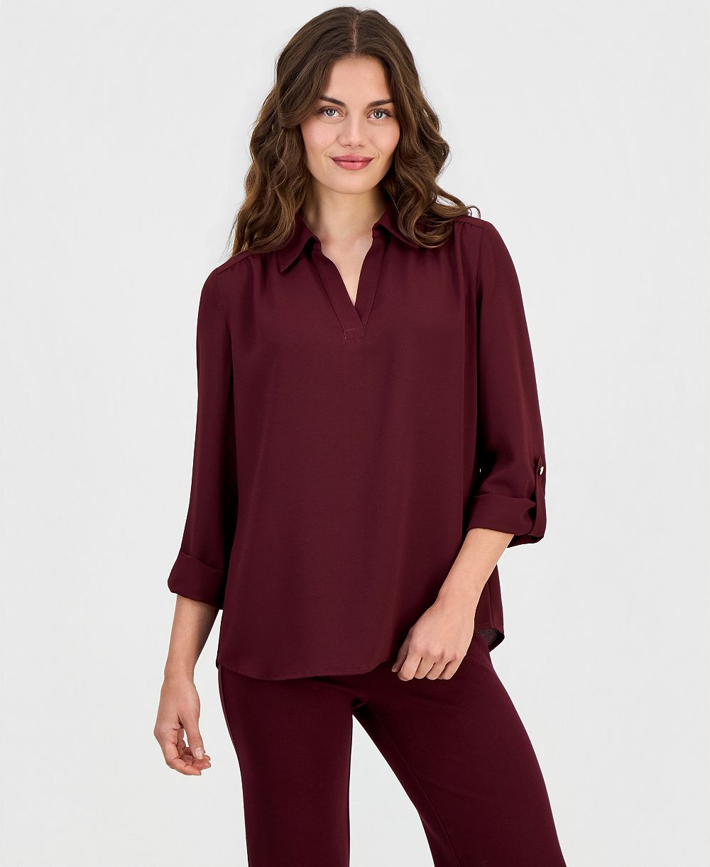 Женская блузка Anne Klein Essentials с v-образным вырезом, рукавом три четверти и манжетами, petite
