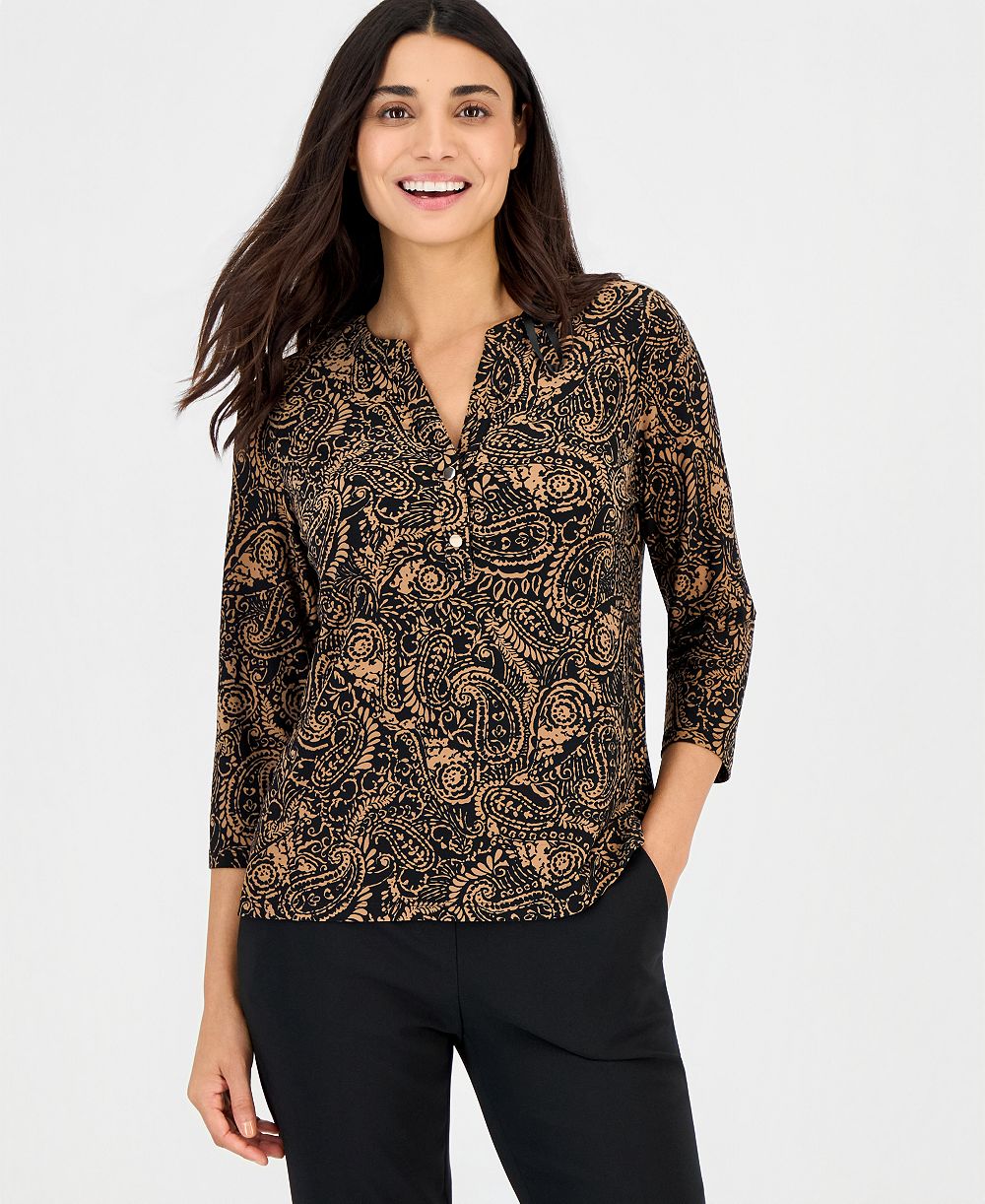Anne Klein Essentials Women's Petite Woodblock-Print V-Neck 3/4-Sleeve Henley
