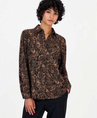 Anne Klein Essentials Women's Petite Long-Sleeve Paisley Point-Collar Button Down Shirt