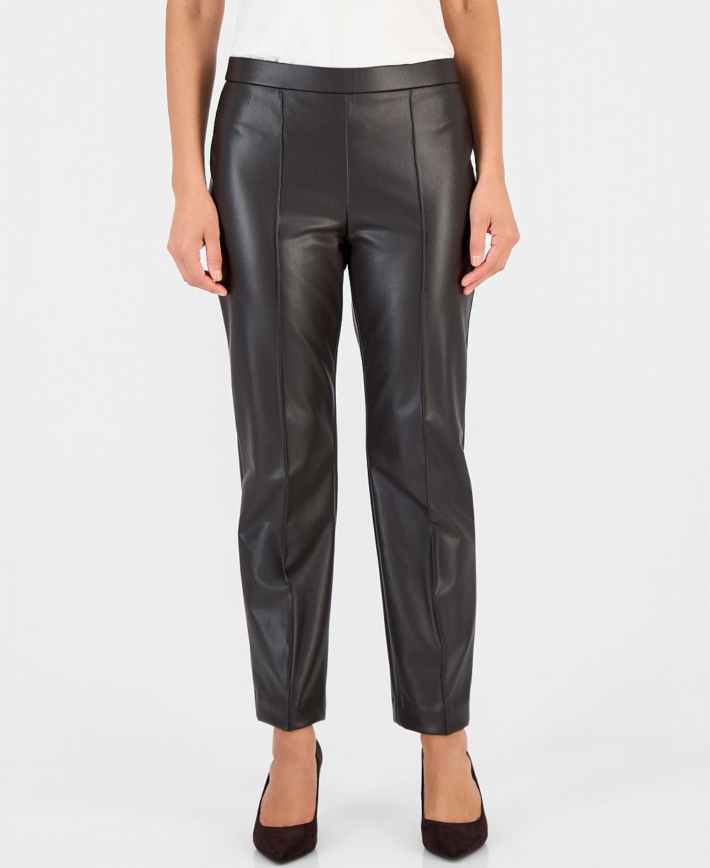Anne Klein Essentials Petite Faux Leather Pull-On Pintuck Pants