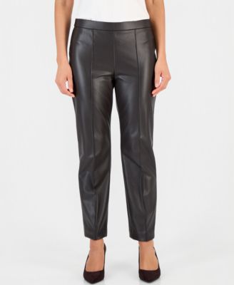 Anne Klein Essentials Petite Faux Leather Pull-On Pintuck Pants