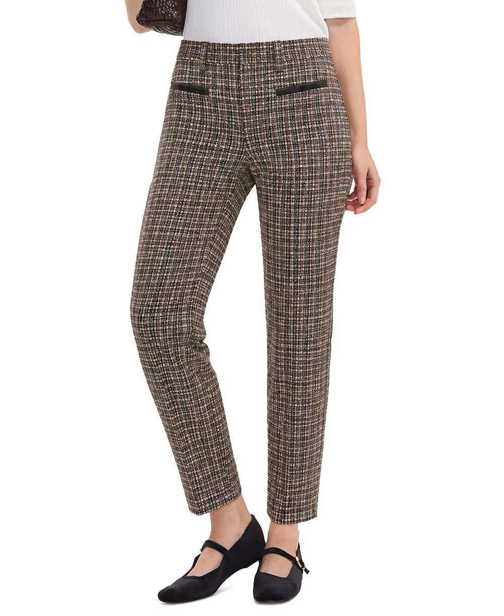 Liverpool Los Angeles Petite Faux-Leather Trim Plaid Straight-Leg Trousers