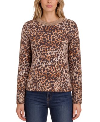 Liverpool Los Angeles Petite Leopard-Print Long-Sleeve Crewneck Sweater