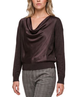 Liverpool Los Angeles Petite Cowl Neck Long-Sleeve Satin Pullover