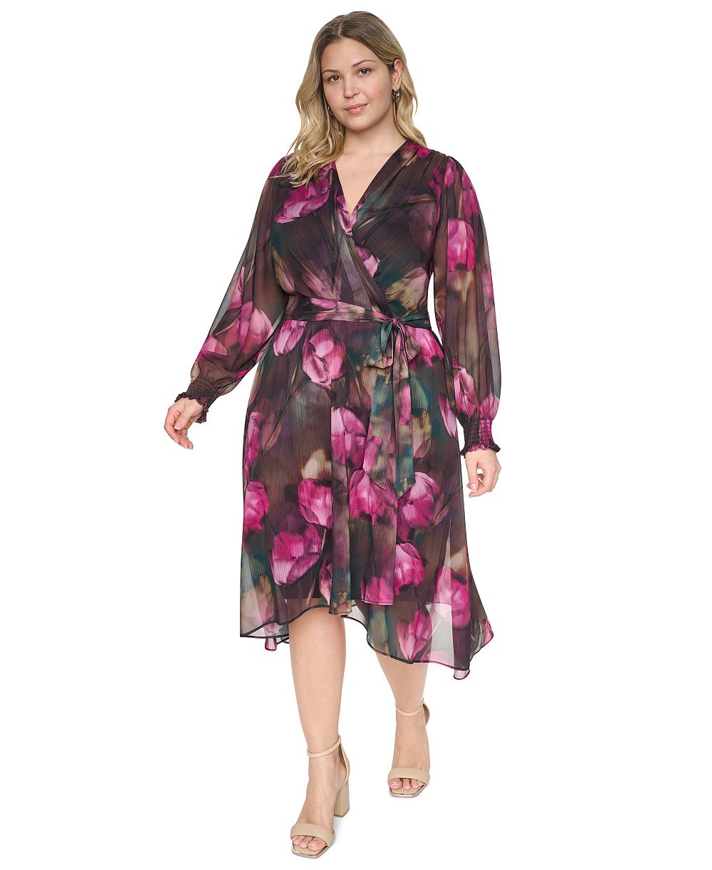Платье DKNY Plus Size Floral Long-Sleeve A-Line Wrap Dress