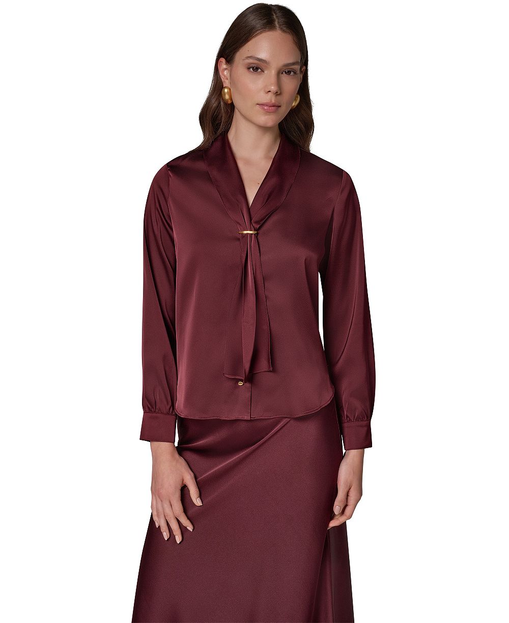 Donna Karan New York женская блузка с длинным рукавом, V-образным вырезом и декором в виде шарфа, Petite