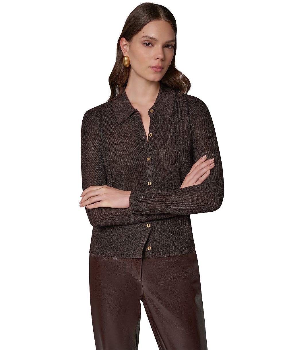 Женское поло Petite Donna Karan New York с длинным рукавом из металлической вязки