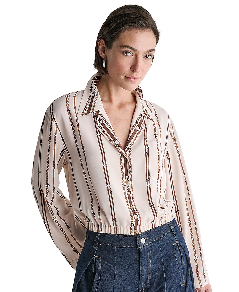 BCBG Женский укороченный топ с воротником и длинным рукавом