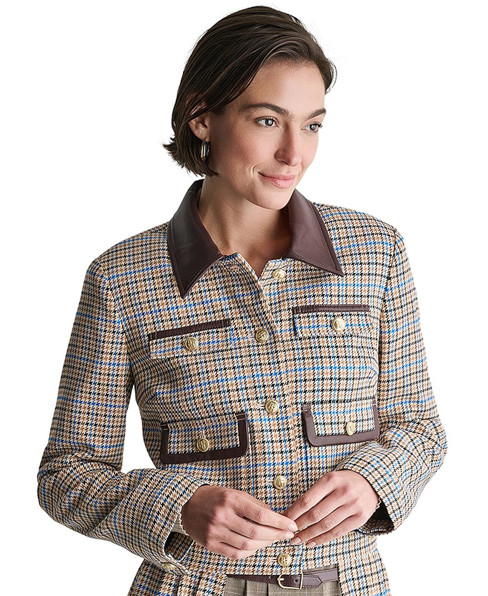 BCBG Women's Cropped Collared Plaid Trucker Jacket