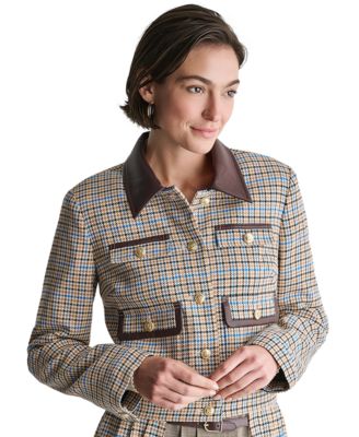 BCBG Women's Cropped Collared Plaid Trucker Jacket