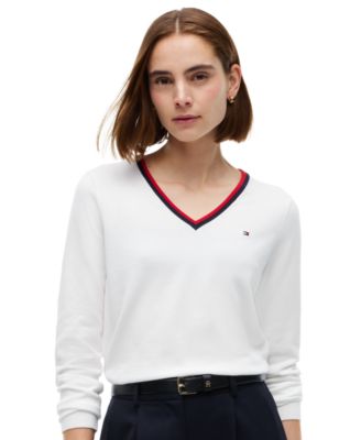 Tommy Hilfiger женский свитер с V-образным вырезом и длинным рукавом, красно-бело-синий