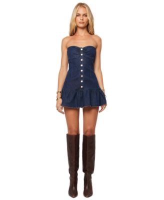 Abrand Juniors' Honey Pie Strapless Ruffled-Hem Fitted Denim Dress