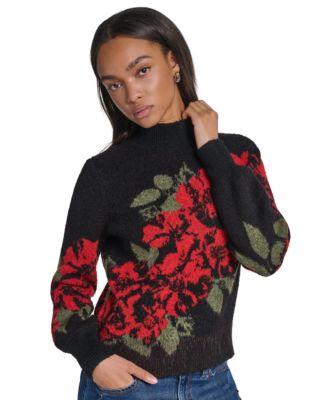KARL LAGERFELD PARIS Petite Rose Floral-Print Mock Neck Pullover Sweater
