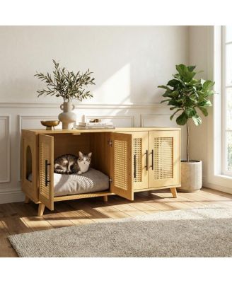 6thdruple Hidden Cat Cabinet, Modern Rubber Wood and Rattan Furniture with Cushion for Living Room