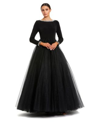 Платье Mac Duggal Petite Embellished Jersey с длинным рукавом и юбкой из тюля