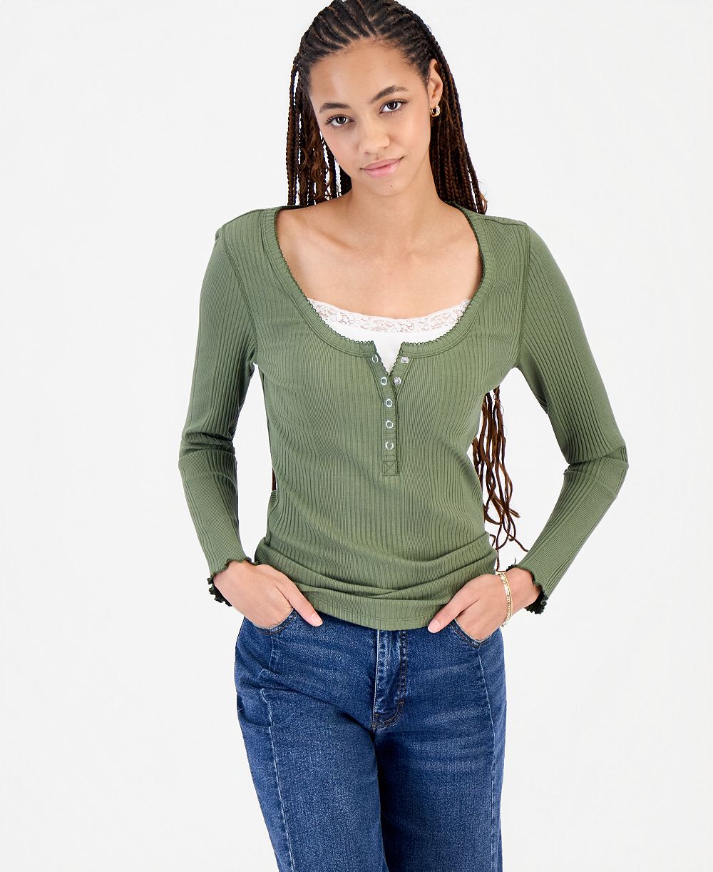 Hippie Rose Juniors' Layered-Look Henley Ribbed Long-Sleeve Top