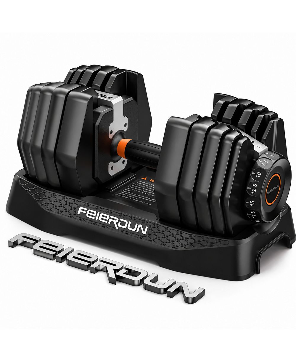 FED FITNESS DB1 Single Adjustable Dumbbell, 15-in-1 QuickDial 52.5lb, with Storage Box and App, Home Gym Weights for HIIT and Drop Set
