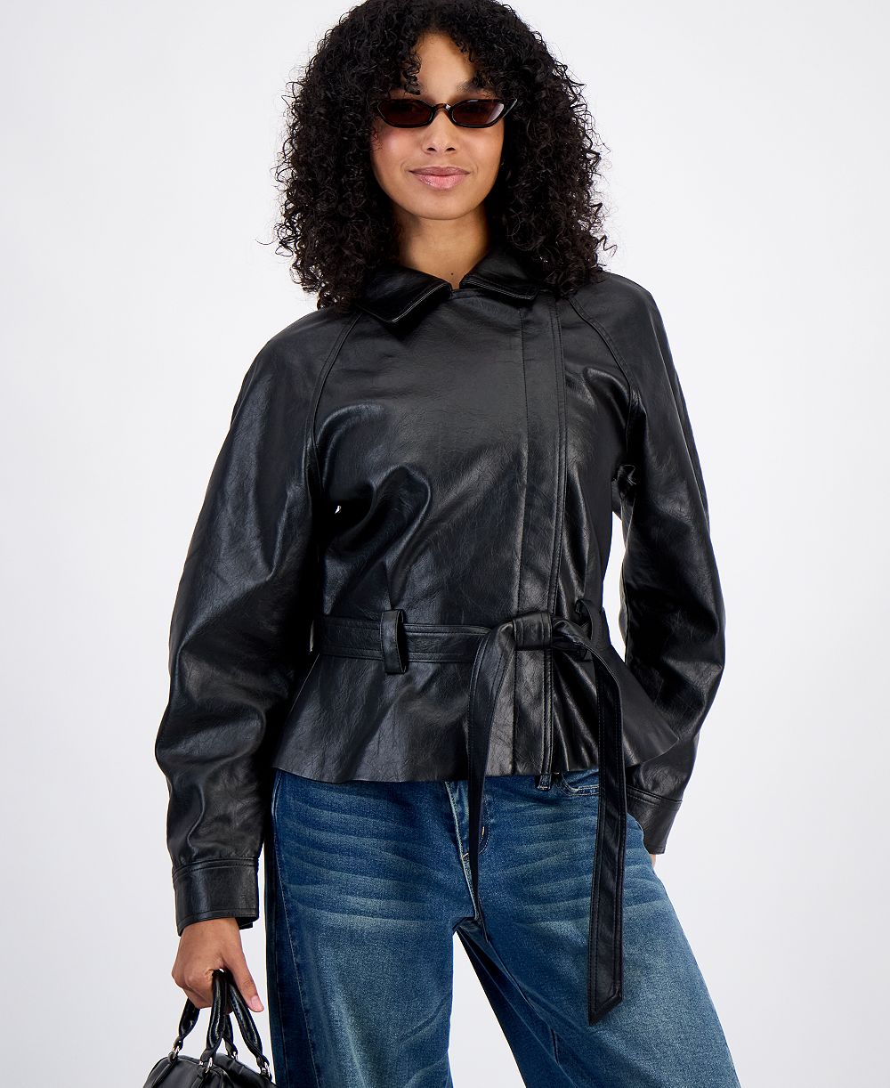 Madden Girl Juniors' Faux Leather Trench Zip-Front Jacket