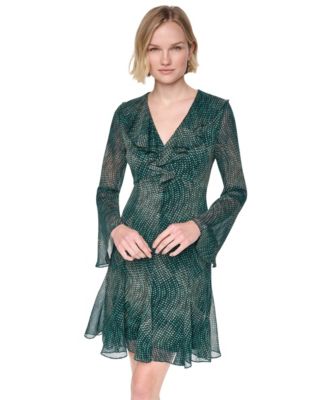 DKNY Women's Long-Sleeve V-Neck Ruffle Bodice Godet Dress