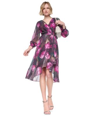 Женское платье DKNY Smocked Wrap Midi с цветочным принтом и длинным рукавом