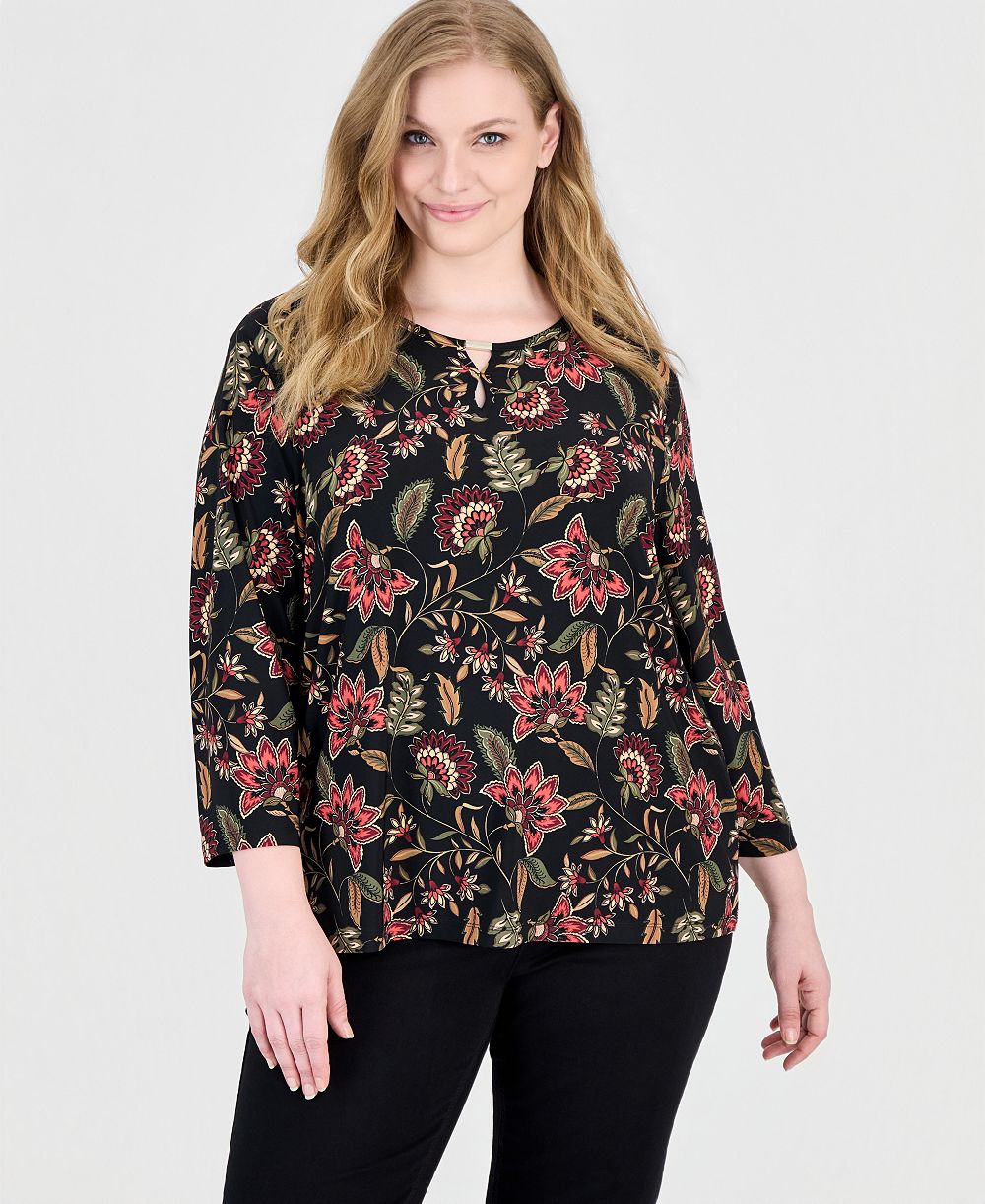 Jones New York Plus Size Printed Keyhole 3/4 Sleeve Top