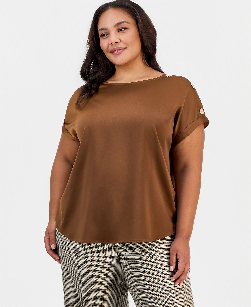 Jones New York Plus Size Satin Short-Sleeve Shoulder Button Detail Blouse