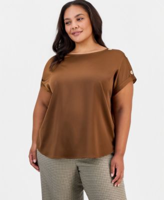 Jones New York Plus Size Satin Short-Sleeve Shoulder Button Detail Blouse