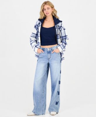 Madden Girl Juniors' 90s Skater High-Rise Wide-Leg Butterfly Embroidery Jeans