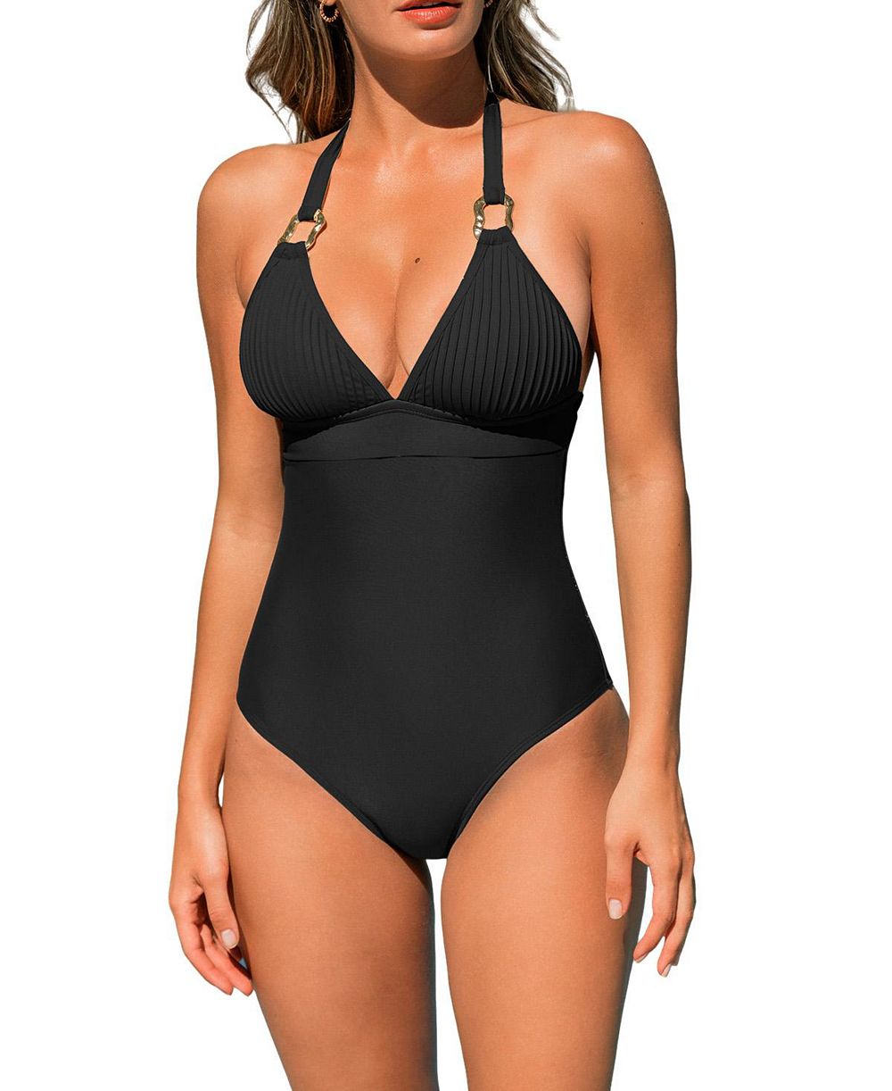 Cupshe Women's Ribbed V-Neck Metal Trim One-Piece Swimsuit