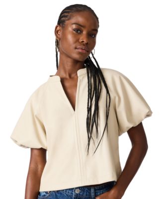 Steve Madden Women's Cecila Top Faux-Leather Puff-Sleeve Blouse