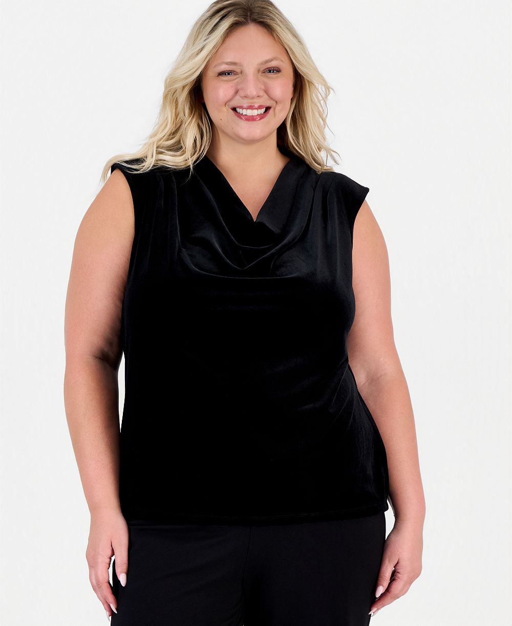Anne Klein Plus Size Pleated Extended-Shoulder Velvet Blouse