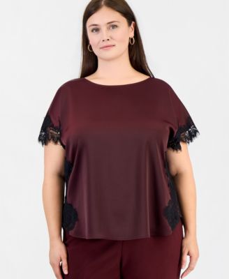 Anne Klein женская блузка с коротким рукавом и воротником лодочка, большие размеры, с кружевной отделкой