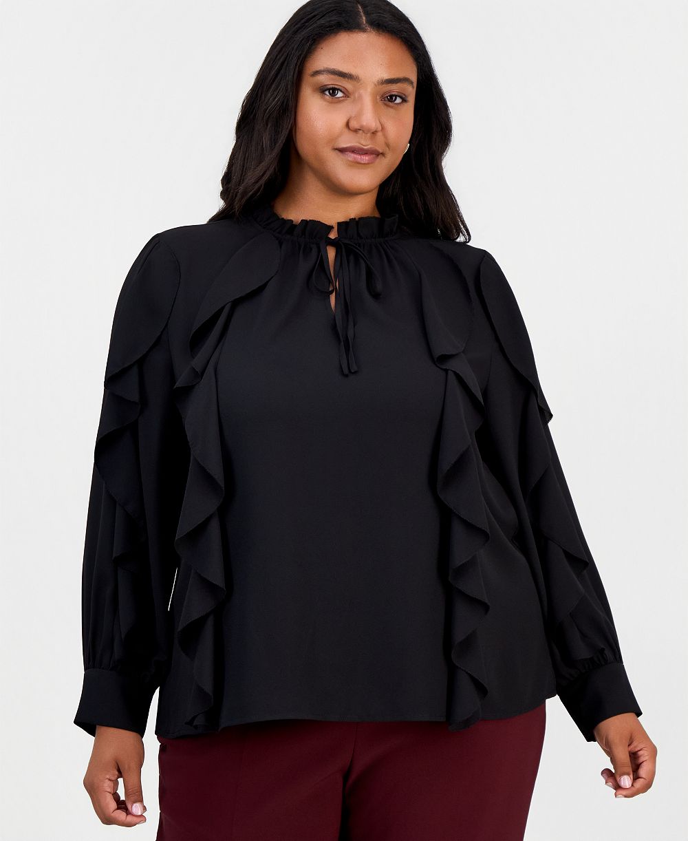 Anne Klein Plus Size длинный рукав ключевое отверстие вырез рюшами блузка