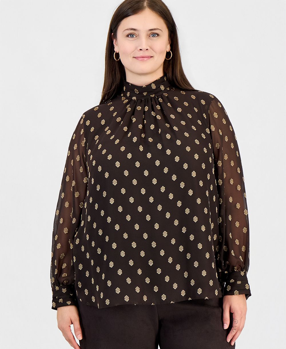 Блузка Anne Klein большого размера с длинным рукавом, сборкой у воротника и вырезом-каплей спереди