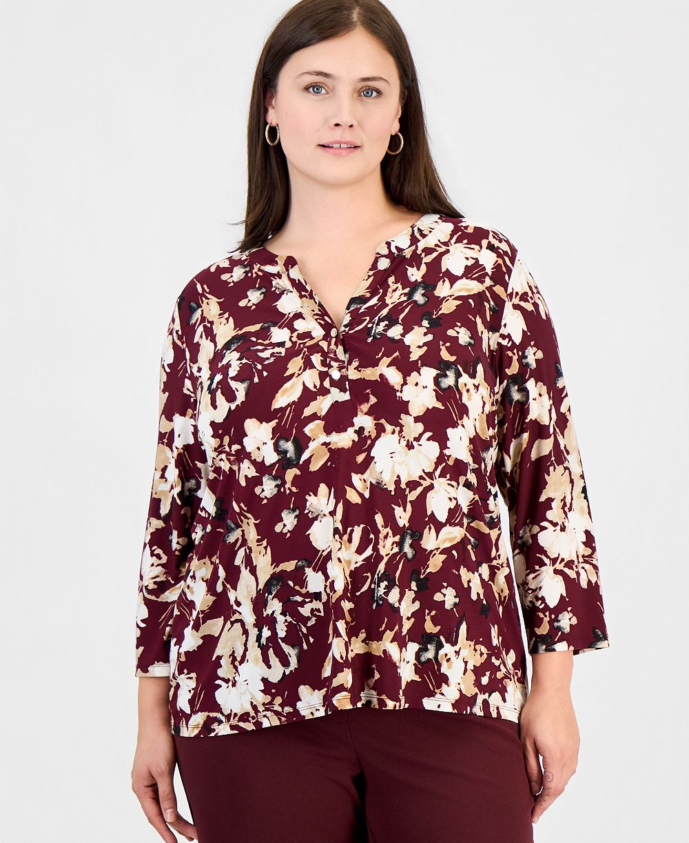 Anne Klein Essentials Plus Size блузка с цветочным принтом, коротким рукавом и плиссировкой на шее