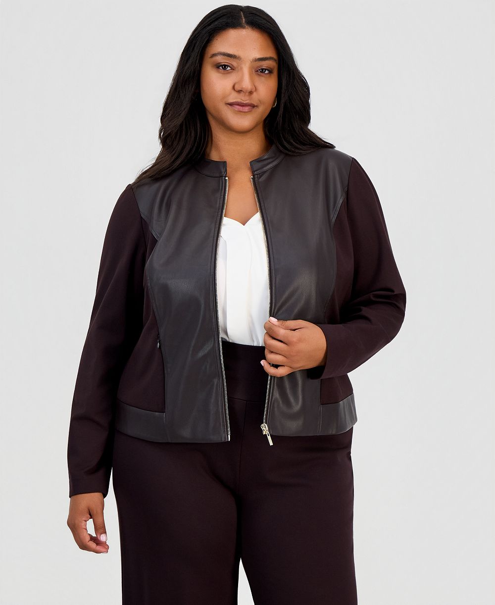 Anne Klein Essentials Plus Size Women's Moto Long-Sleeve Mandarin Collar Jacket
