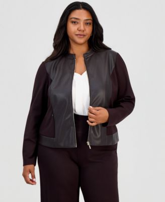 Anne Klein Essentials Plus Size Women's Moto Long-Sleeve Mandarin Collar Jacket