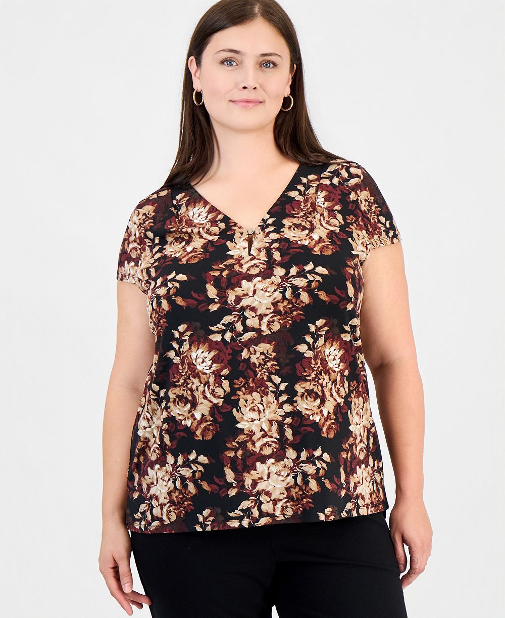 Anne Klein Essentials женская блузка с цветочным принтом, коротким рукавом и складками на шее, размер Plus