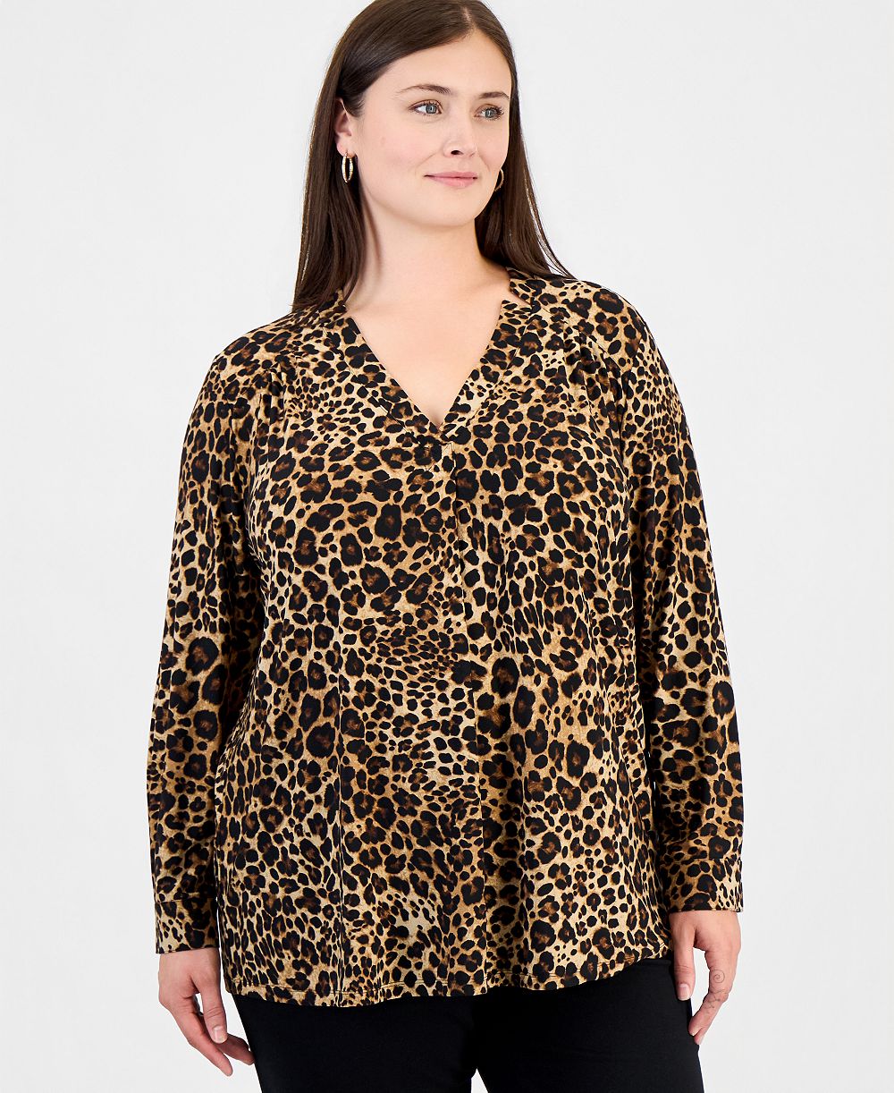 Anne Klein Essentials Plus Size V-Neck Notch Collar Blouse