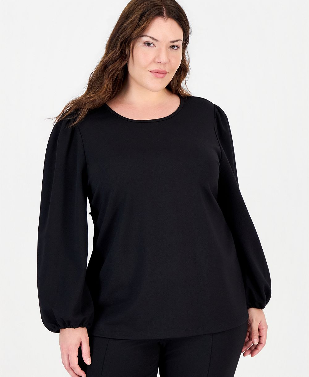 Anne Klein Essentials Women's Plus Size Serenity Puff-Sleeve Crewneck Knit Blouse