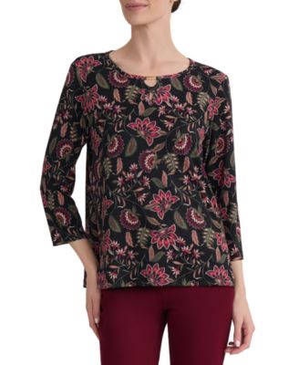Jones New York Women's Floral-Print Keyhole Neck 3/4-Sleeve Top
