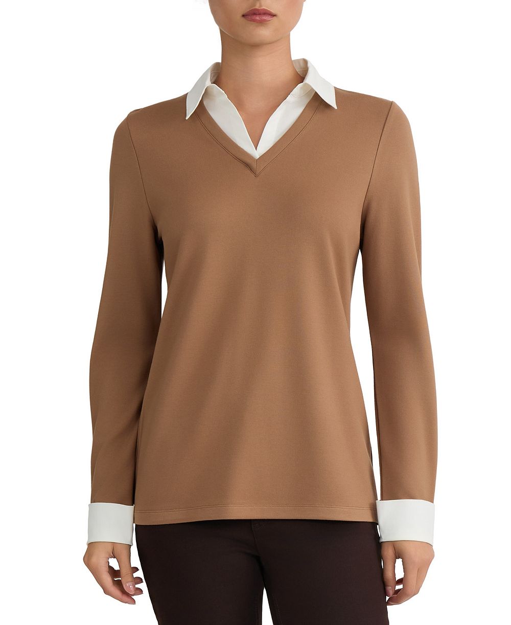 Jones New York Women's Collared Long-Sleeve Poplin Combo Trim Sweater